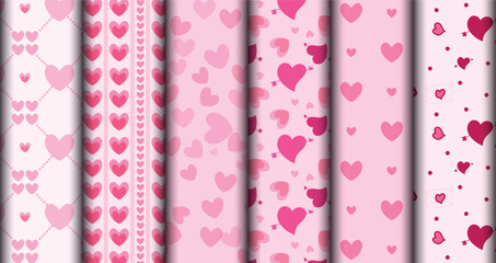 Cute set of scandinavian Sweet Heart Valentines Day seamless patterns with fabric textures. Cute minimal design for wrap, fabric, cloth, print, wedding decor