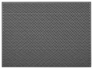 Rectangular sheet of grey metal mesh with small round grid holes on a transparent background