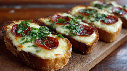 A wood board piled high with delicious cheesy garlic bread topped with pepperoni slices and fresh basil, ready to eat and perfect for sharing.