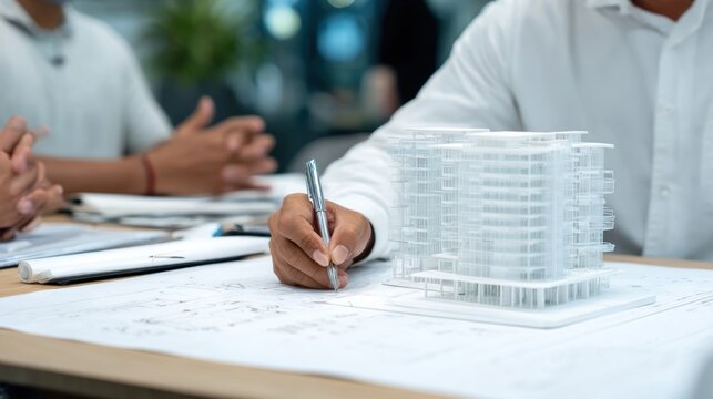 a real estate agent is holding an architectural model of the apartment building while sitting at his desk. - Powered by Adobe