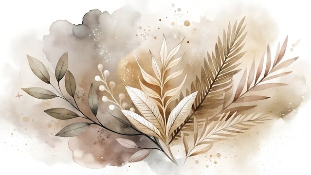Earthy Watercolor Floral Arrangement with Delicate Leaves and Berries