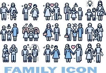 Vector people and family icons set showing men, women, parents, children, couples, and business figures in simple silhouette pictogram style