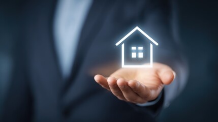 businessman holding a house icon and presenting a real estate concept on a dark blue background,