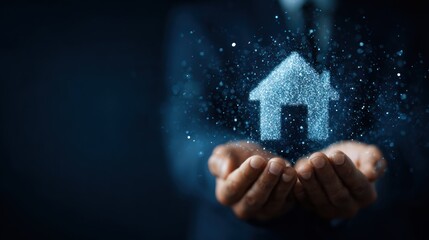 businessman holding a house icon and presenting a real estate concept on a dark blue background, 