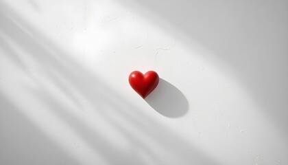 Minimalist red heart casting a soft shadow on a white surface, symbolizing pure love, simplicity, and emotional clarity in a calm, modern composition with gentle natural light