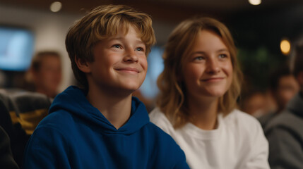 Family friendly fan zone with adults and children watching sports together, relaxed enjoyment, smiles, and a safe communal celebration environment. cinematic color correction, natural uneven