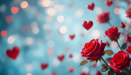 Romantic Red Roses with Floating Heart Bokeh on Soft Blue Background, Dreamy Valentine&rsquo;s Day Love Concept