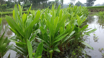 Obraz premium Lush aquatic plants thrive in a wetland, with vibrant green foliage reflecting nature's resilience and beauty in a serene setting.
