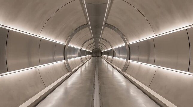 Interior Transport Tunnel Viewpoint, Smooth Empty Guideway with Embedded Lighting, Rhythmic Light Passes, Vanishing Point Perspective