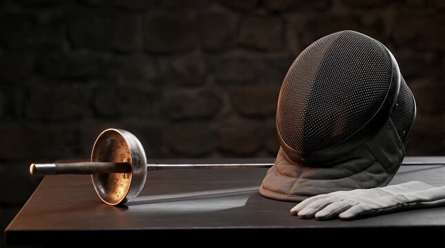 Epee and Fencing Mask Still Life on Dark Matte Table
