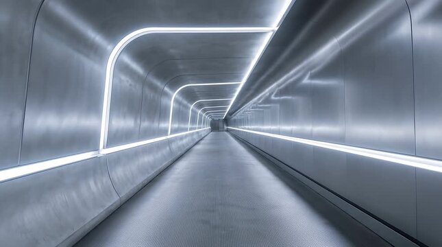 Interior View Inside a Clean Transport Tunnel Guideway, Rhythmic Passing Lights, Near Future Infrastructure