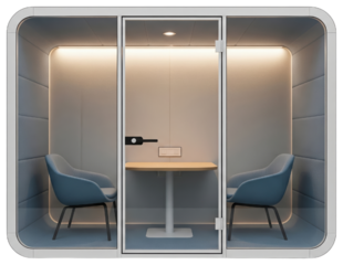 Small private acoustic booth structure in contemporary workspace on a transparent background