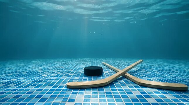 Underwater hockey puck on tiled pool floor, crossed mini underwater sticks nearby, light rays and bubbles, caustic patterns