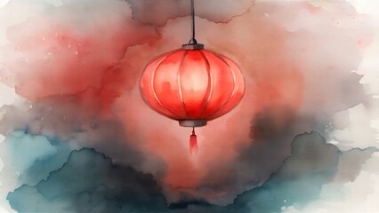 Obraz premium Traditional Red Lantern Illuminated Against Abstract Watercolor Background with Blue and Pink Hues
