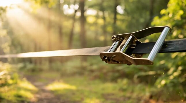Outdoor slackline stretched between two trees in forest clearing, morning sunbeams