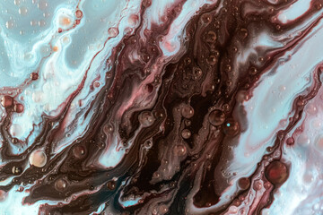 Abstract macro of liquid with bubbles and dynamic swirling flow in white and brown tones. Ideal for...