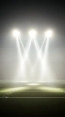 Vertical View of Bright Stadium Floodlights Piercing Through Night Fog on a Sports Pitch