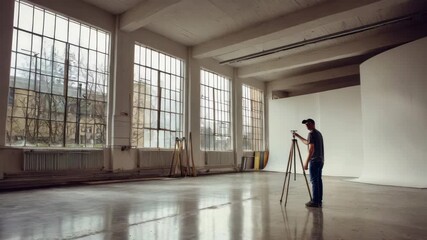 Photographer setting up tripod in large industrial loft studio with big windows