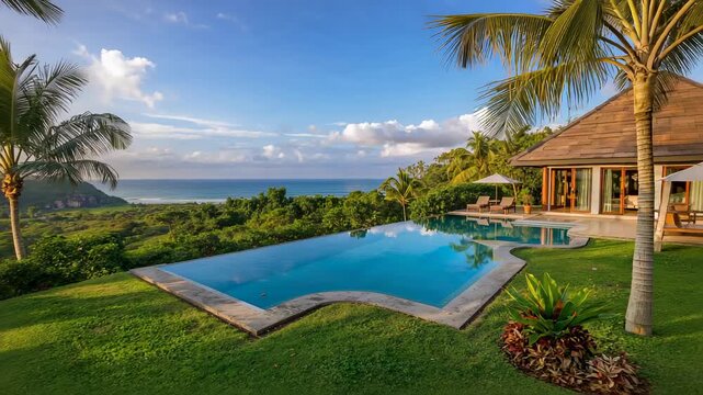Showing infinity pool and villa reflecting sunlight at tropical hillside as breeze lifting palms