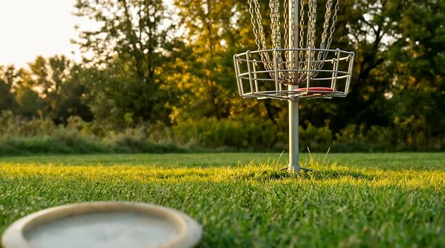 Disc Golf Basket Chains Swaying in Late Afternoon Light, Unbranded Disc on Grass
