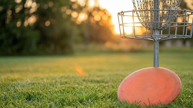 Disc golf basket chains swaying in late afternoon light, unbranded disc on grass