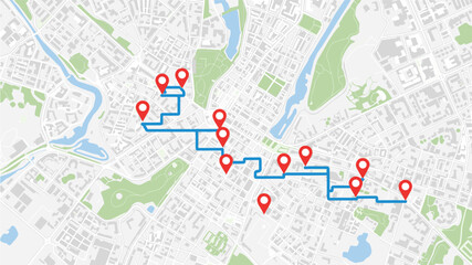 Obraz premium A city map with a blue route marked by red location pins, indicating a specific path or journey through the urban landscape.