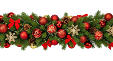 a vibrant, lush christmas garland of fresh fir branches, adorned with red and gold baubles, pinecones, and white led lights, isolated against a clean transparent background, horizontal arrangement,