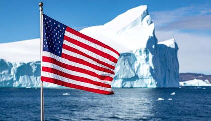 American flag waving in front of massive iceberg, dramatic contrast of national symbol and icy nature.