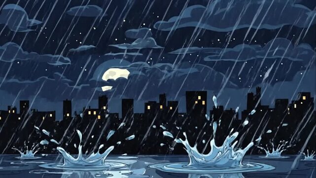 Night city heavy rain storm water splashes