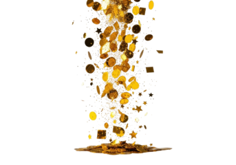 Dynamic photorealistic capture of vibrant golden metallic confetti and shimmering dust scattering and falling onto a transparent surface against a transparent backdrop. Luxury celebration concept