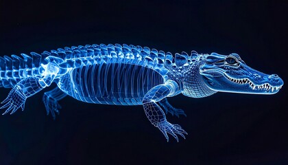 X-ray view of alligator skeleton glowing blue against dark background, showing skull, spine, ribs, limbs, and tail.