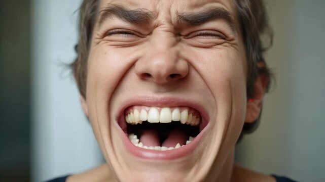 Shouting adult male widening mouth, lifting head, tilting at home, showing pain, with dark shirt