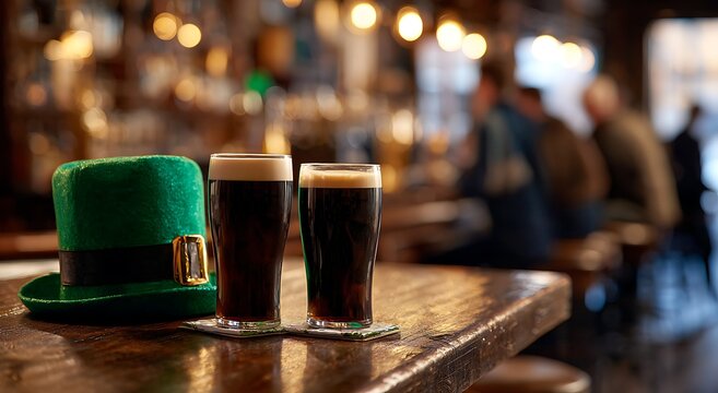 st patrick s day celebration with beer and green hat on wooden bar