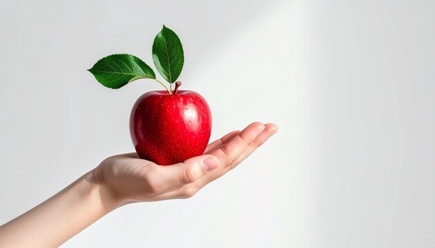 Hand holding red apple on branch with green leaves, symbolizing harvest, freshness, and nature connection. - Powered by Adobe