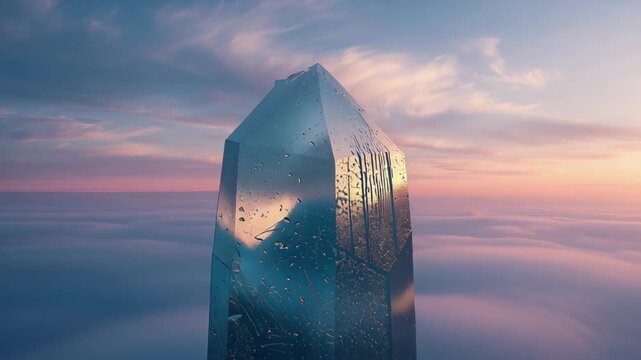 Moving camera drawing closer to faceted monolith above clouds, sunrise light revealing droplets