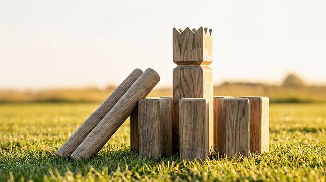 Kubb game equipment on grass at golden hour, with wooden kubbs and king piece, throwing batons arranged diagonally