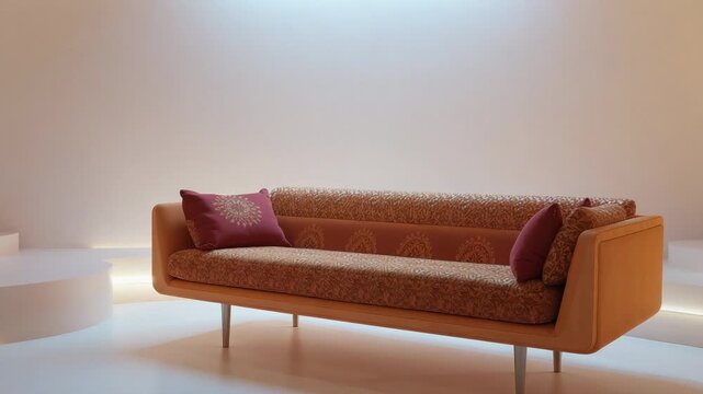 Moving camera slowly reframing midcentury orange sofa to center in studio with subtle backlight