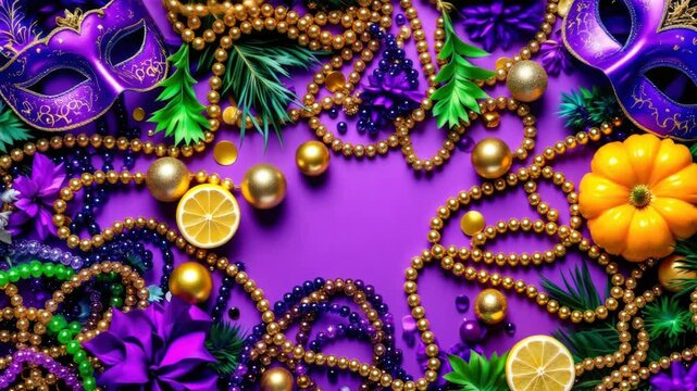 Vibrant mardi gras-themed border with masks and beads on purple background