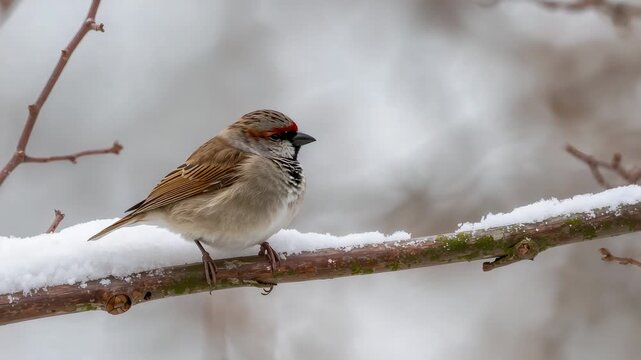 Perching small finch reacting to cold, raising and fluffing feathers on snowy branch with red patch