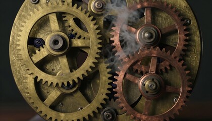 Vintage steampunk brass and copper mechanical gears with subtle smoke