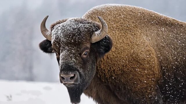 Shifting bison turning toward camera with light snow falling at forest edge, horns gaining snow