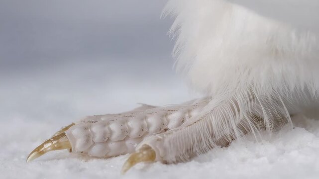 Pressing bird leg and feet reacting to weight shift on studio snow granules, showing scaly toes