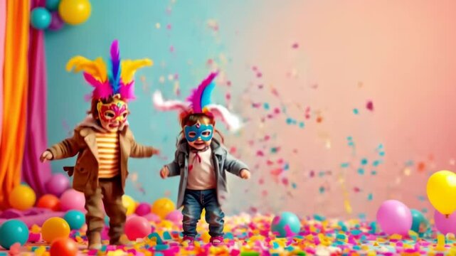 Joyful children in colorful costumes amidst festive balloons and confetti