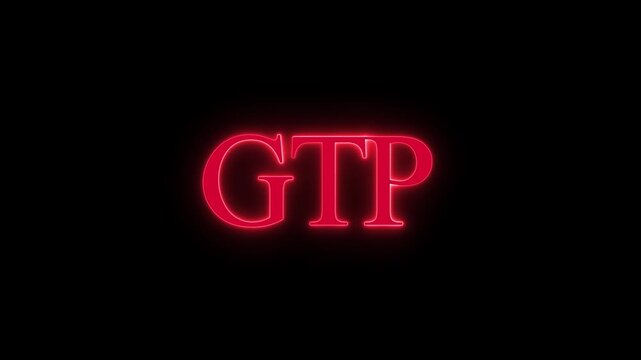 Red glowing neon gtp text shimmering in dark space - Powered by Adobe