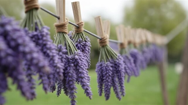 Close up of lavender flowers bundled with string drying on clothesline outdoors

