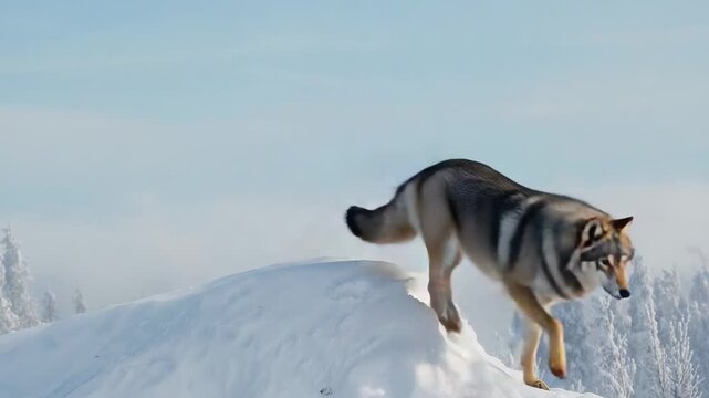 Surveying wolf shifting gaze, lowering head and stepping down snow mound, packed snow, conifers