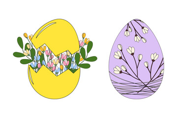 Spring Easter bouquet with Blossom flowers and leaves in Cracked Eggshell and Egg with Sprigs decor. Isolated Vector illustration Easter Related Content Spring Season Thematic Cards Greetings, leaflet
