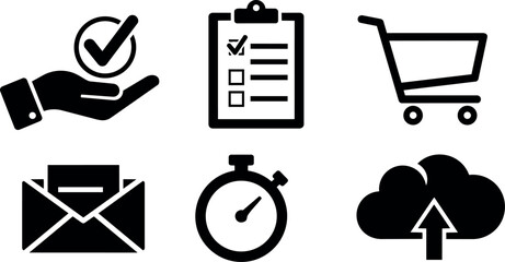 Black silhouette icons set showing hand checkmark clipboard list shopping cart email stopwatch cloud upload concept