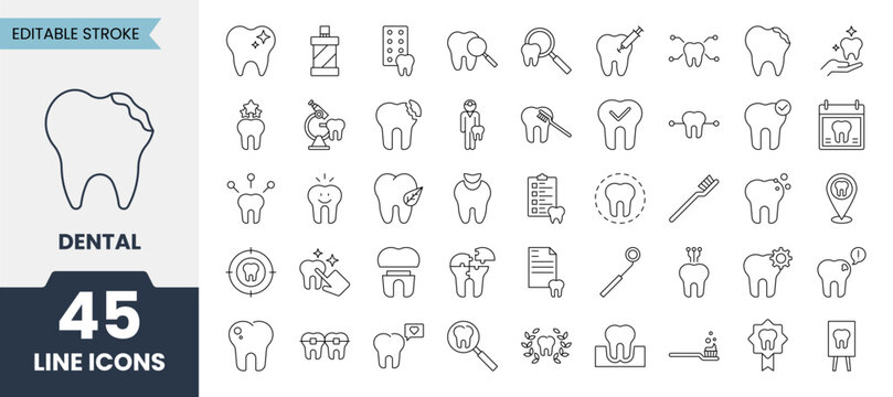 Dental line icons set with editable stroke. Containing toothbrush, braces, broken tooth, inspect, teeth, implant, dentist and more. Vector illustration
