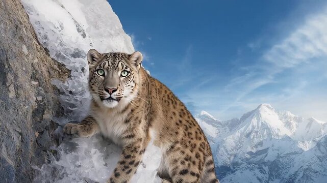 Shifting snow leopard adjusting front paws on steep icy ledge, turning head to camera for balance